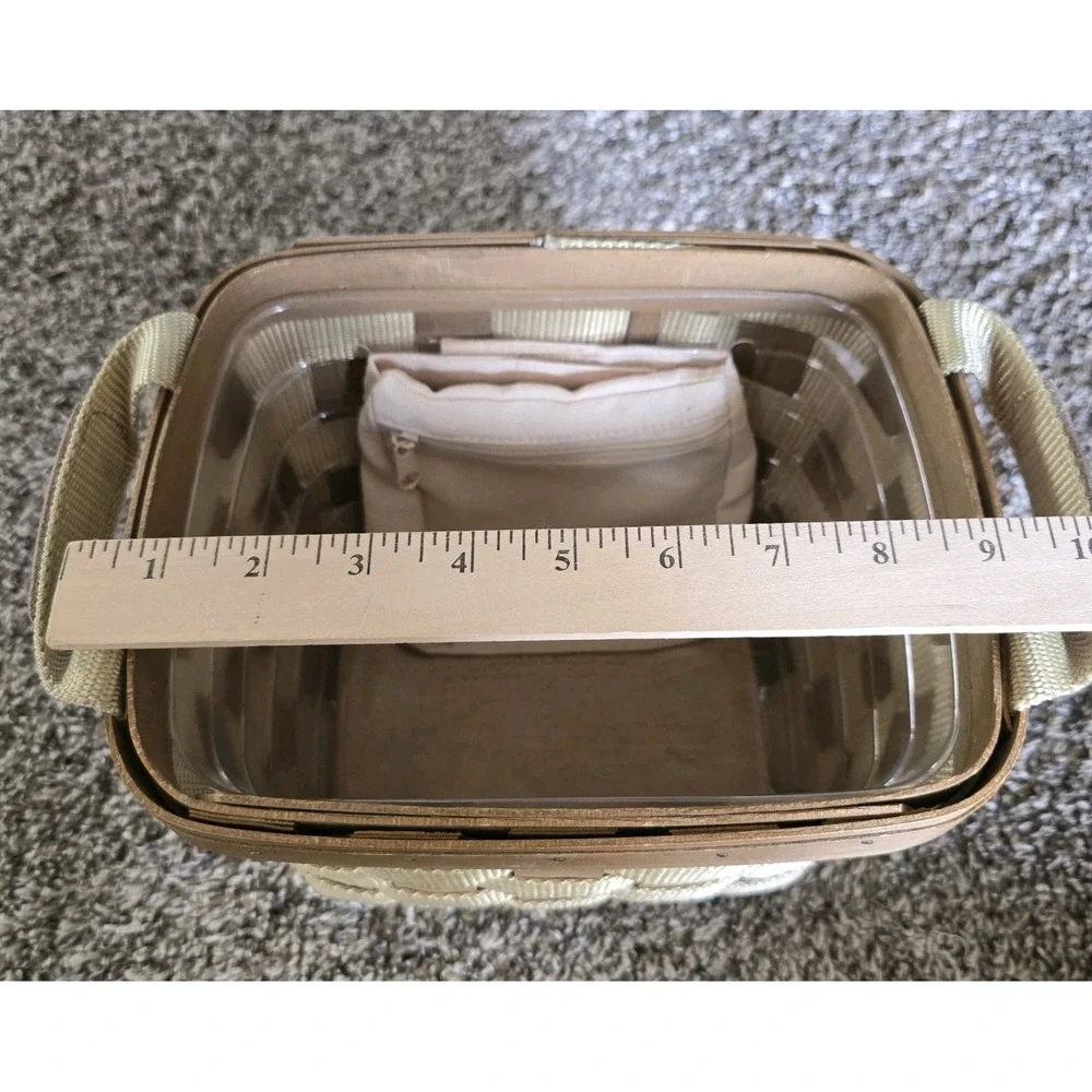 Longaberger Small Tan Green Side Handled To‎ Go Tote Nylon & Wood Basket